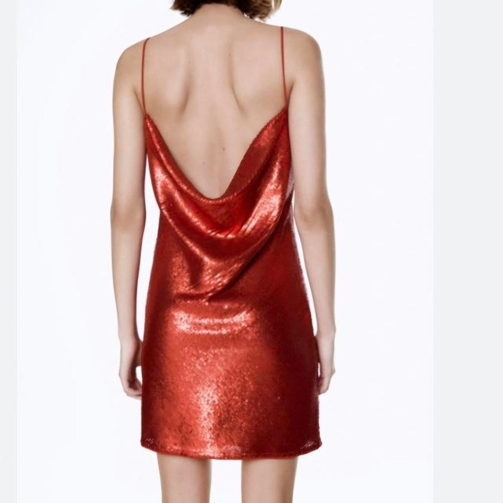 Zara Red Sequin Cowl Low Back Mini Party Dress Small